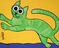 Jumping Green Cat (acrylic on wood 12 x 10 in) $45